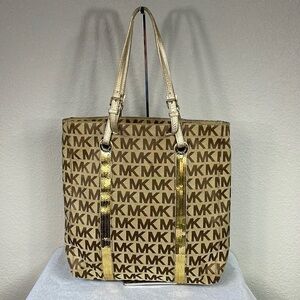 Michael Michael Kors Sequin Gold Tan Logo Large Shopper Tote Bag